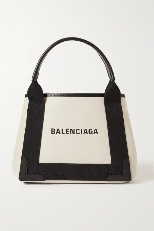 BALENCIAGA Navy Cabas Small Leather-trimmed Printed Canvas Tote Bag
