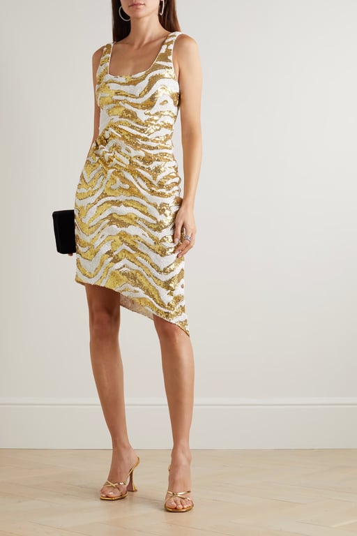 HALPERN Asymmetric Paneled Tiger-print Sequined Tulle Dress