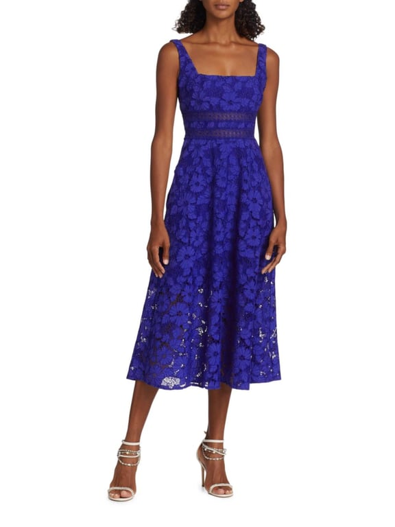 ML MONIQUE LHUILLIER Sleeveless Mesh Panel Lace Midi Dress We Select 