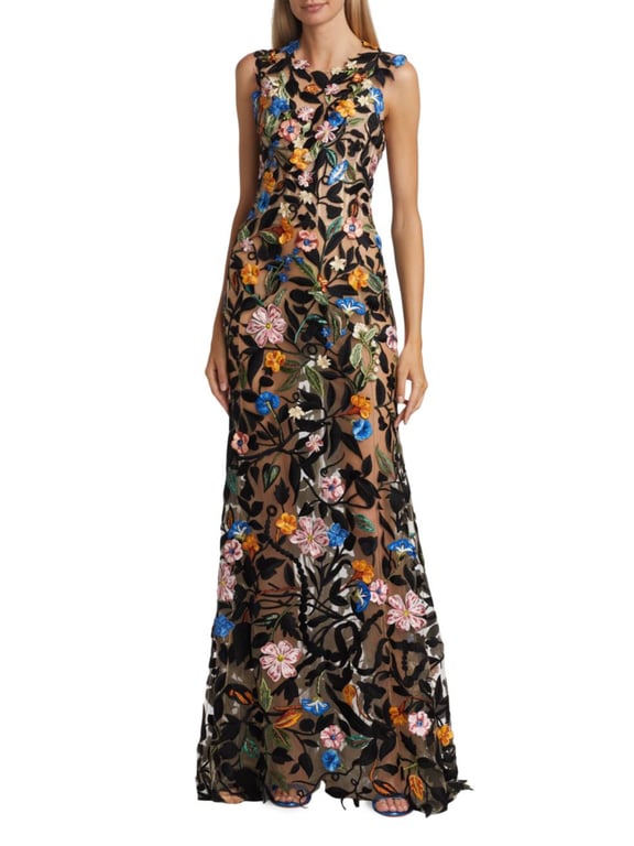 OSCAR DE LA RENTA Floral Embroidered Silk Lace-Up Gown
