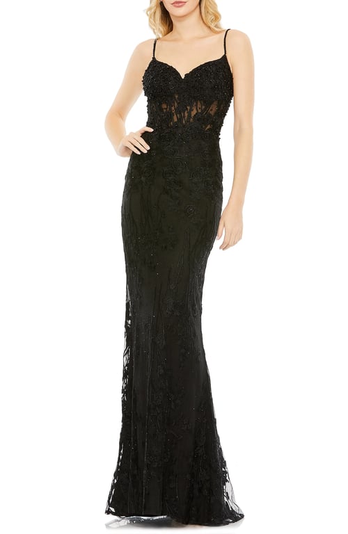mac duggal beaded sheath gown in rose gold