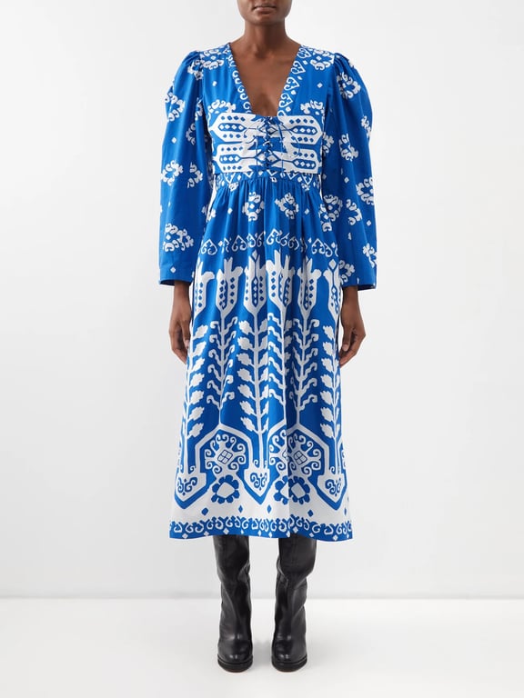 SEA Sonia Lace-bodice Printed Cotton Midi Dress