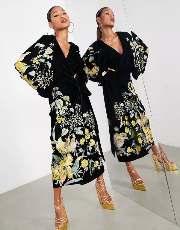 ASOS EDITION Velvet Chintz Embroidered Blouson Sleeve Midi Wrap Dress