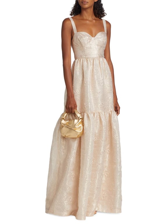 ml monique lhuillier silver metallic jacquard gown