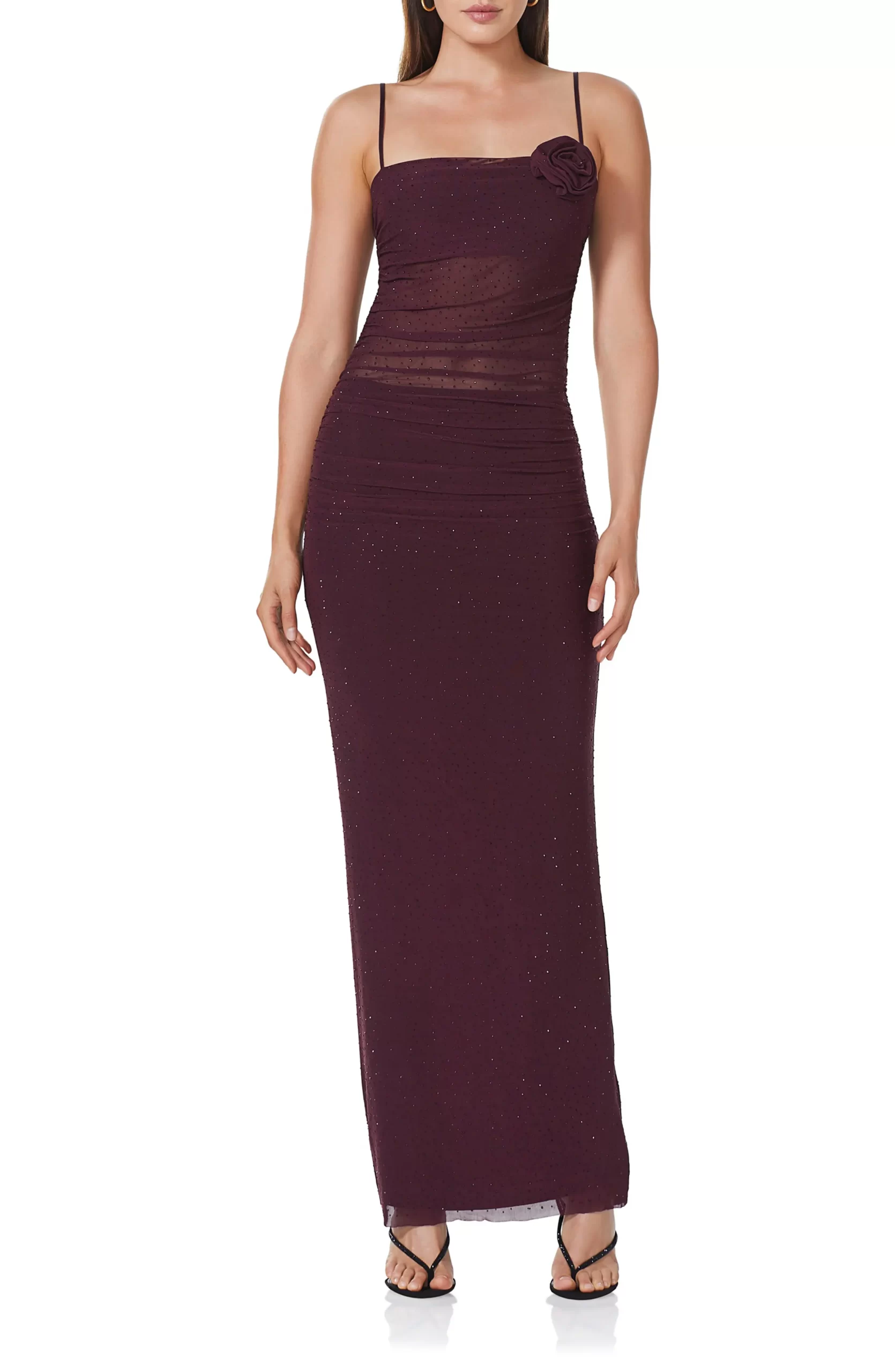 AFRM Jennan Rhinestone Rosette Ruched Mesh Maxi Dress - We Select Dresses