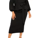 Convertible Shoulder Belted Peplum Midi Dress Thumbnail 1