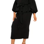 Convertible Shoulder Belted Peplum Midi Dress Thumbnail 2