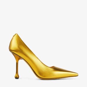 A single JIMMY CHOO Ixia 95 Citrine Metallic Nappa Pump with a pointed toe and a thin heel, isolated on a white background.