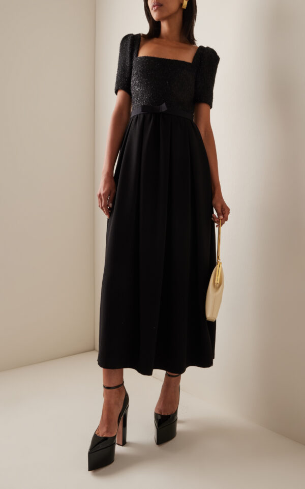 Textured Tweed Midi Dress with Crystal Button Detail – Black