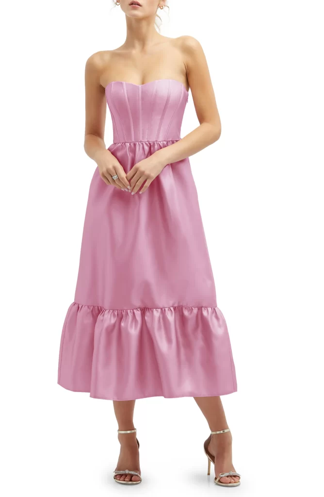 Corset Ruffle Hem Strapless Satin Midi Dress Full Size Image 1