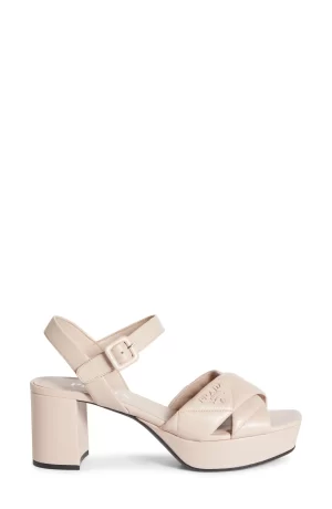 A single PRADA Diagram Quilted Leather Platform Sandal 1 with a thick strap over the toes and a buckle strap around the ankle, displayed against a white background.