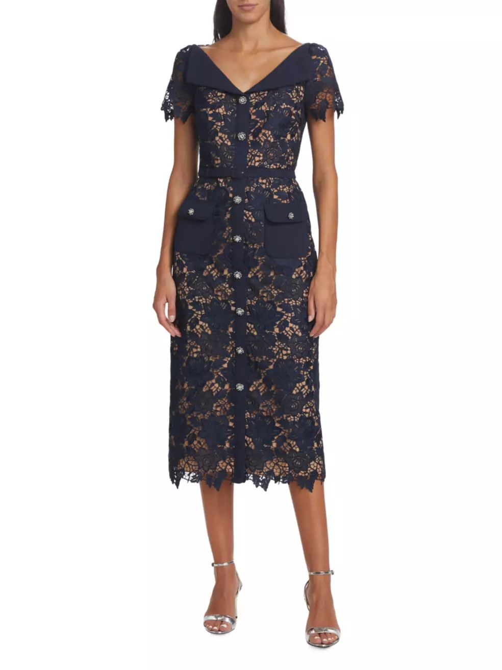 self portrait short sleeve lace midi dress self-portrait - White Fine Lace Midi Dress