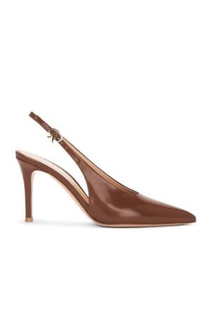 A side view of a single brown GIANVITO ROSSI Tokio Slingback Pump 1. It features a pointed toe, a narrow stiletto heel, and an adjustable ankle strap with a small gold buckle. The shoe has a glossy finish.