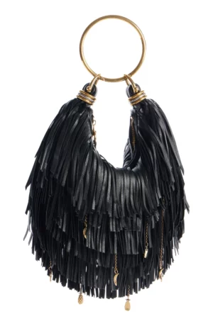 The Chloe Fringe Charm Detail Bracelet Bag is a chic black handbag with layered fringe detailing and a gold circular metal handle. Elegant gold chains gracefully hang as decorative accents, adding style to this accessory.