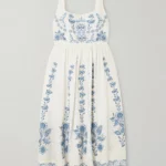 Miramar Floritura Gathered Embroidered Linen Midi Dress Thumbnail 3
