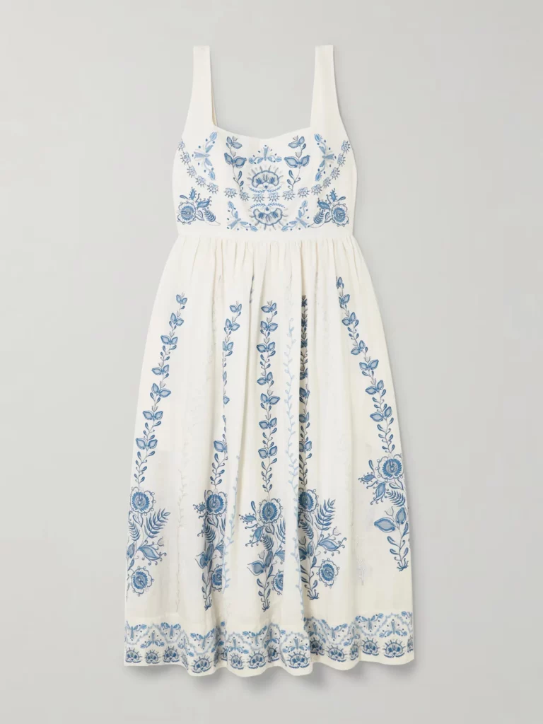 Miramar Floritura Gathered Embroidered Linen Midi Dress Full Size Image 3