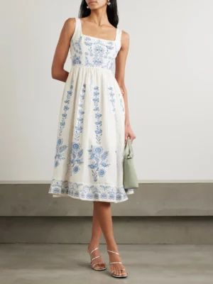 AGUA BY AGUA BENDITA Miramar Floritura Gathered Embroidered Linen Midi Dress