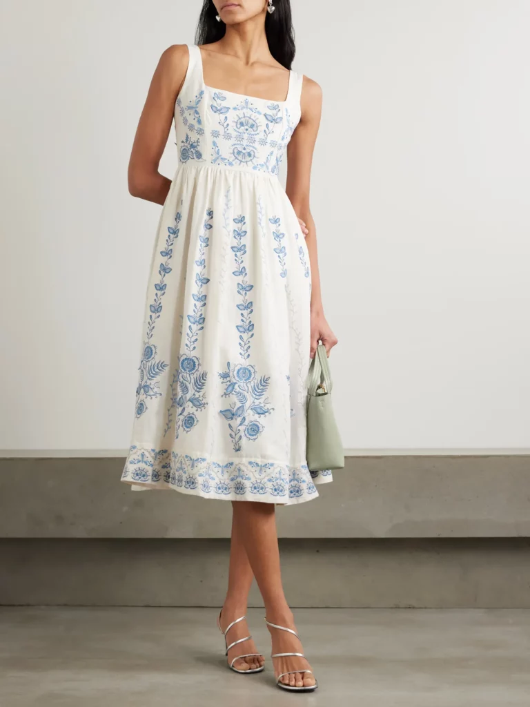 Miramar Floritura Gathered Embroidered Linen Midi Dress Full Size Image 1