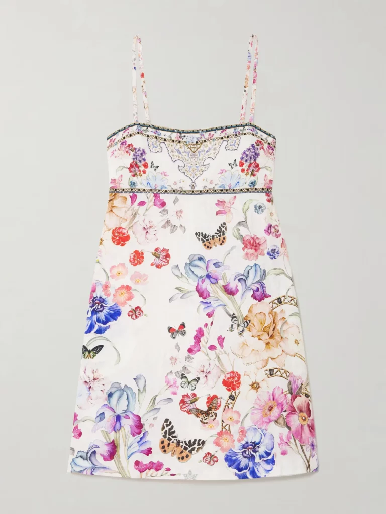 Embellished Floral-print Linen Mini Dress Full Size Image 4