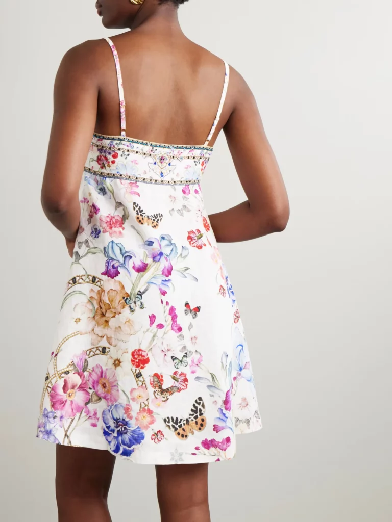 Embellished Floral-print Linen Mini Dress Full Size Image 2