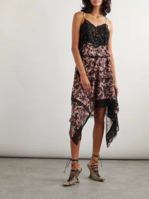 DRIES VAN NOTEN Asymmetric Lace-trimmed Printed Chiffon Midi Dress