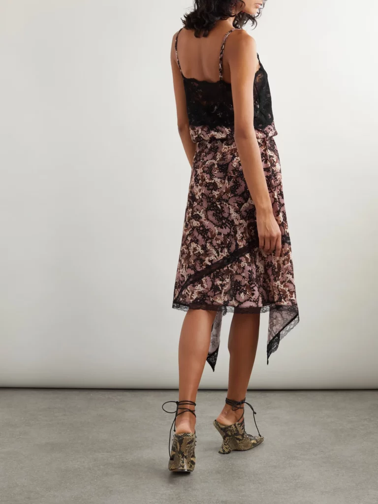 Asymmetric Lace-trimmed Printed Chiffon Midi Dress Full Size Image 3