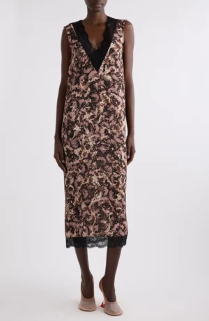 DRIES VAN NOTEN Dista Orchid Petal Print Lace Trim Midi Dress