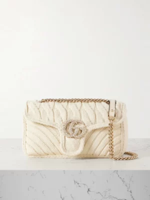 GUCCI GG Marmont 2.0 Crystal-embellished Leather-trimmed Cable-knit Shoulder Bag
