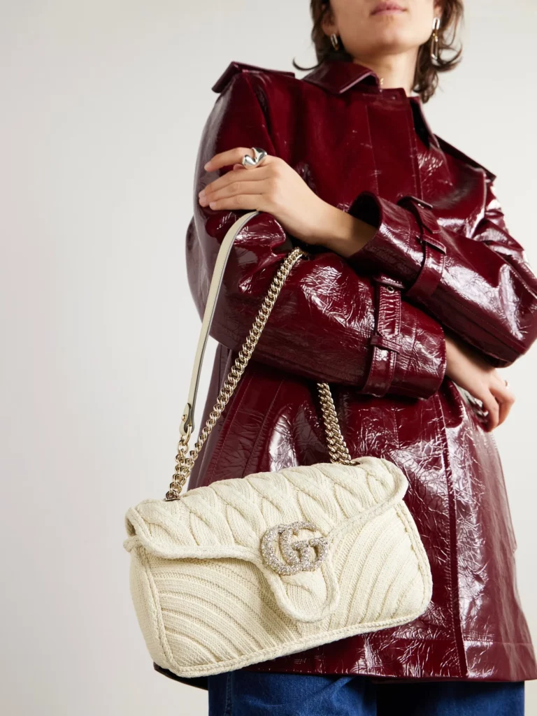 GG Marmont 2.0 Crystal-embellished Leather-trimmed Cable-knit Shoulder Bag Full Size Image 2