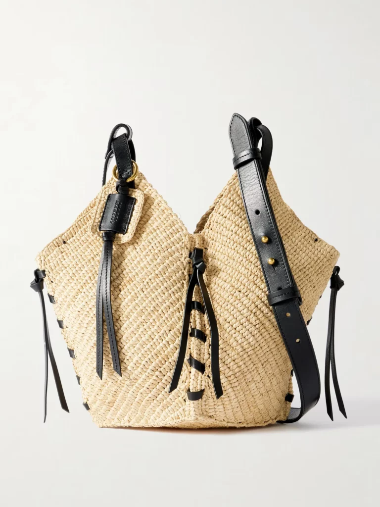 Tampa Mini Leather-trimmed Raffia Bucket Bag Full Size Image 1