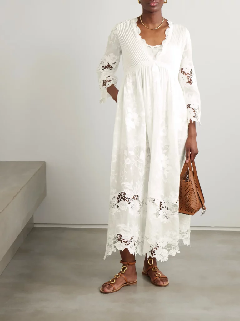 Capoliveri Pintucked Embroidered and Lace Maxi Dress Full Size Image 1