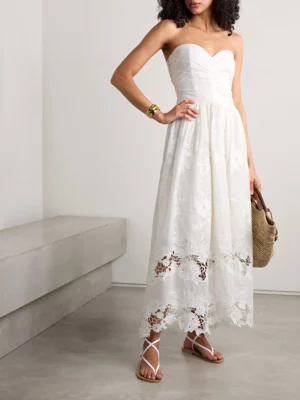 LORETTA CAPONI Desideria Strapless Guipure Embroidered Cotton-voile Midi Dress