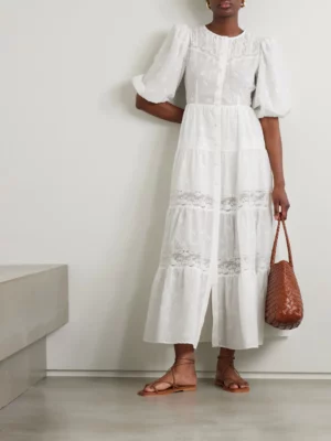 LORETTA CAPONI Poppi Lace-trimmed Tiered Broderie Anglaise Cotton Maxi Dress