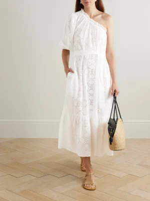 MELISSA ODABASH Autumn One-shoulder Broderie Anglaise Cotton Midi Dress