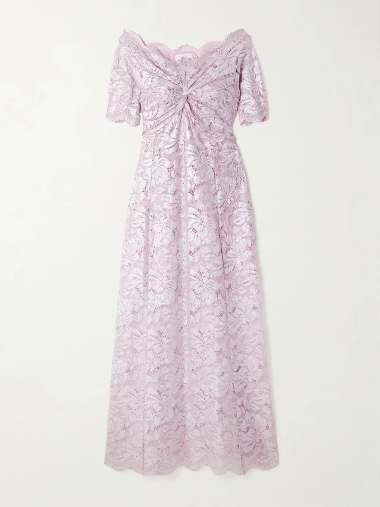 Off-the-shoulder Twist-front Metallic Lace Maxi Dress Full Size Image 2