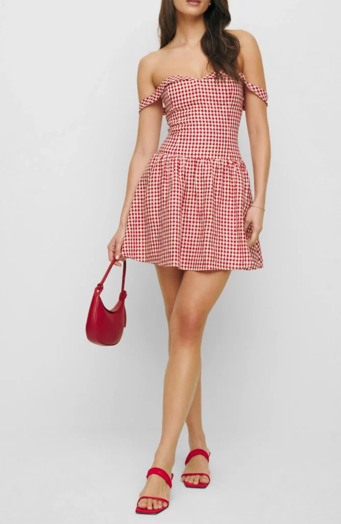 Sora Gingham Off the Shoulder Linen Minidress Full Size Image 1