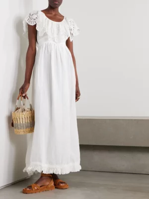 THIERRY COLSON Milos Ruffled Broderie Anglaise Linen and Cotton-blend Maxi Dress