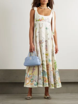 ALÉMAIS Anouk Colantoni Ballet Tie-detailed Printed Shirred Linen Dress