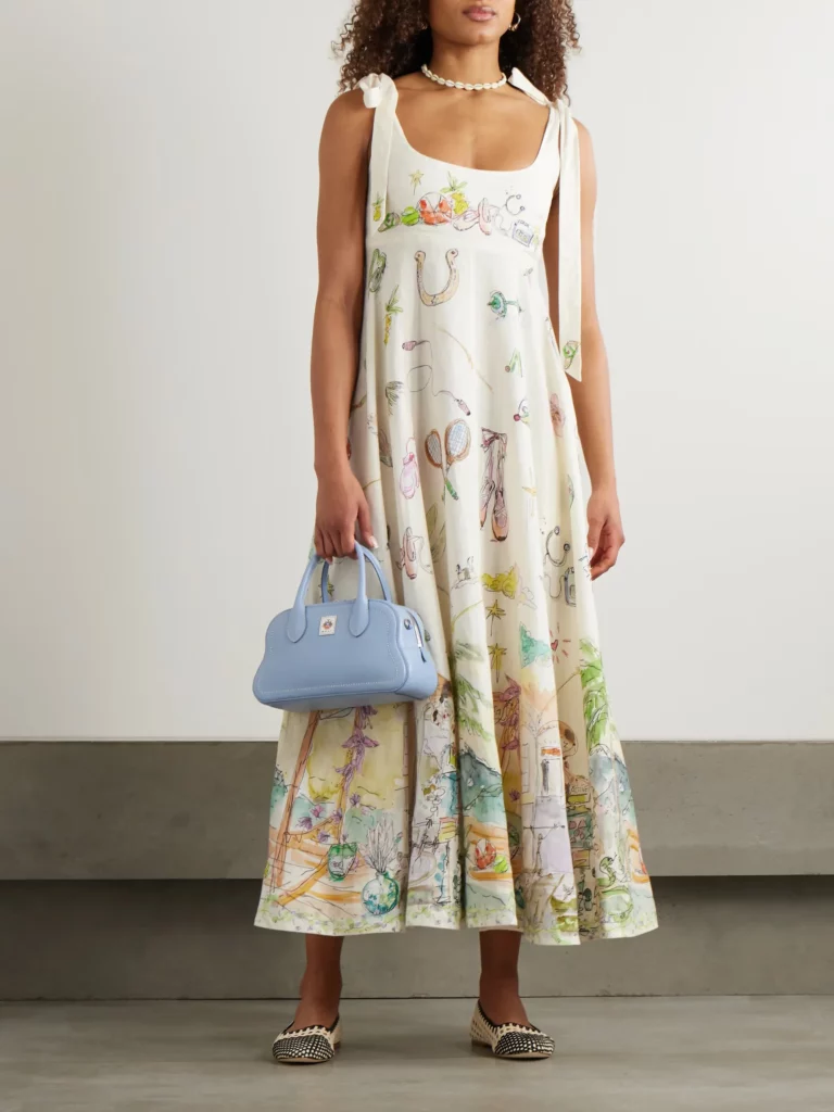 Anouk Colantoni Ballet Tie-detailed Printed Shirred Linen Dress Full Size Image 1
