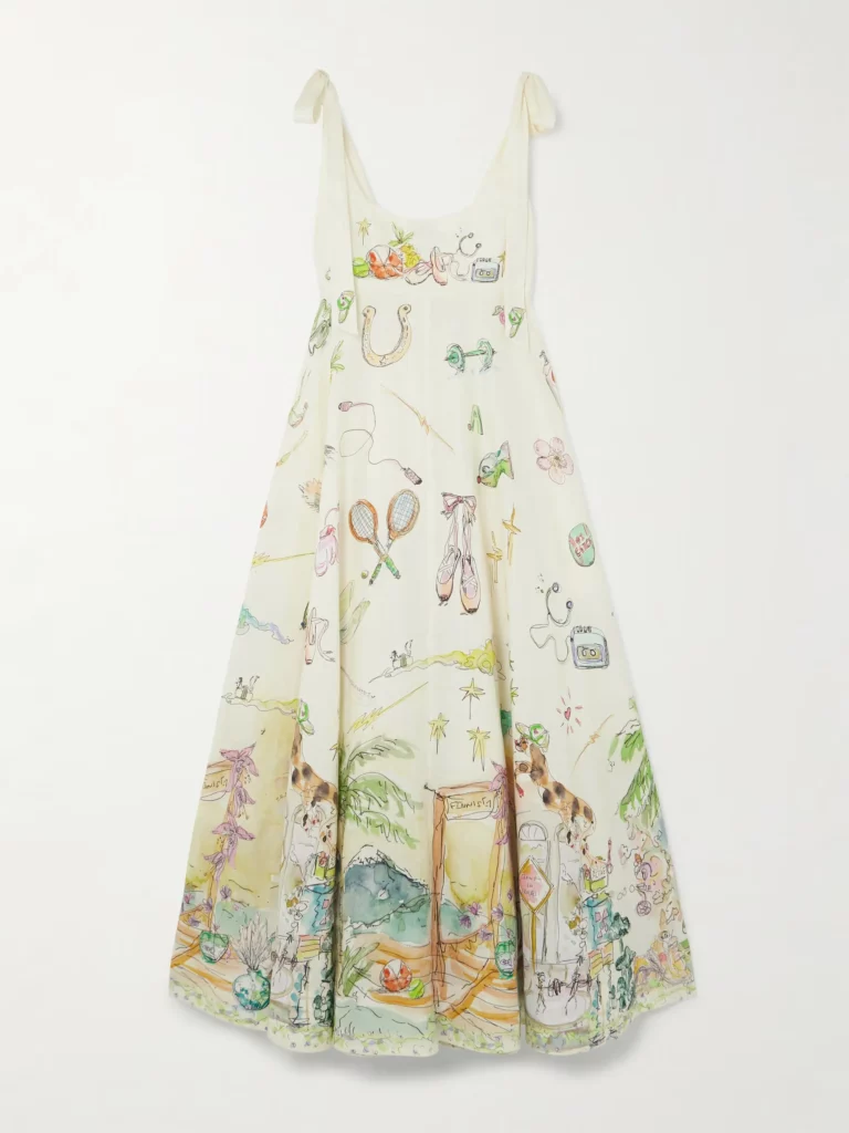 Anouk Colantoni Ballet Tie-detailed Printed Shirred Linen Dress Full Size Image 3