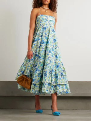 ALÉMAIS Pam Tiered Pintucked Floral-print Organic Cotton-poplin Midi Dress