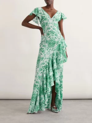 Asymmetric Ruffled Printed Silk-satin Maxi Dress