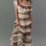 Ruffle-sleeve V-neck Embroidered Tulle Tiered Maxi Dress Thumbnail 1