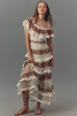 ANTHROPOLOGE Ruffle-sleeve V-neck Embroidered Tulle Tiered Maxi Dress