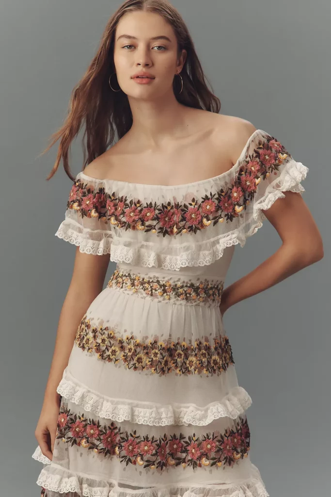 Ruffle-sleeve V-neck Embroidered Tulle Tiered Maxi Dress Full Size Image 3