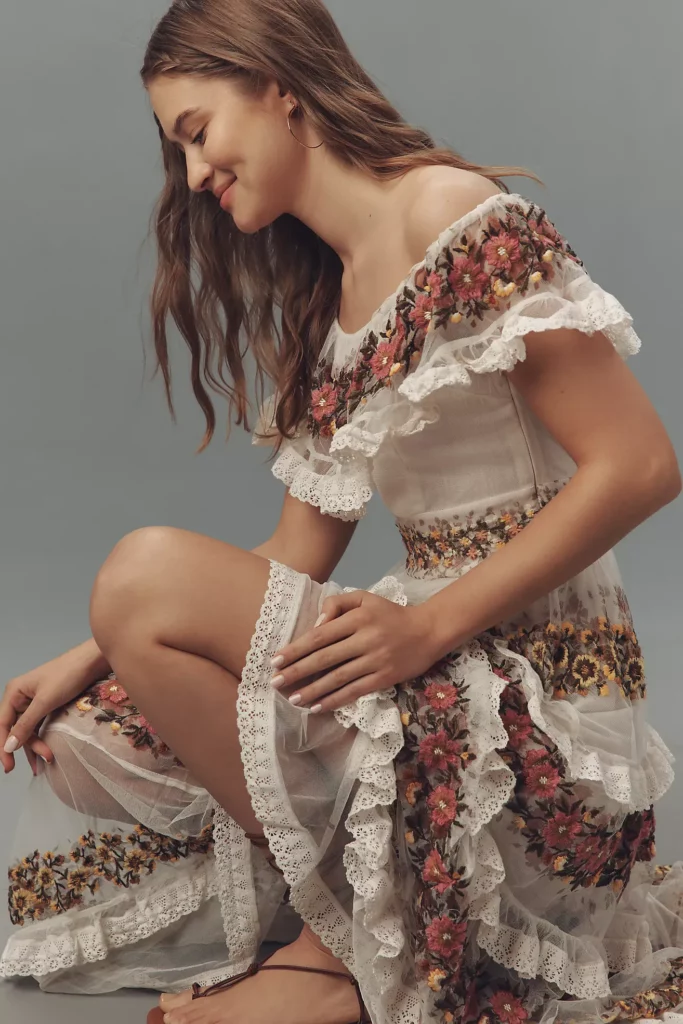 Ruffle-sleeve V-neck Embroidered Tulle Tiered Maxi Dress Full Size Image 2