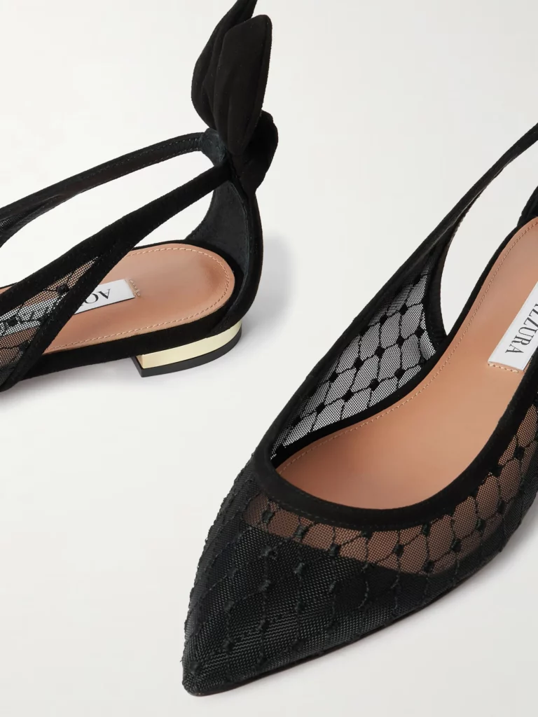 Bow Tie Suede-trimmed Fishnet Pointed-toe Ballet Flats Full Size Image 5