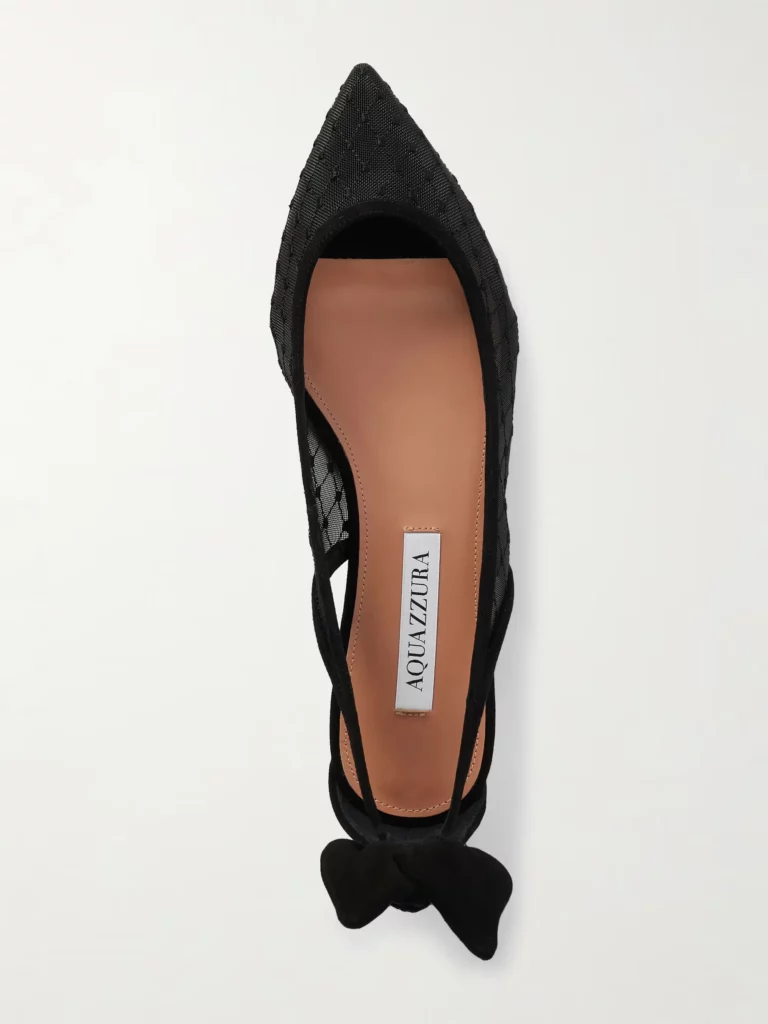 Bow Tie Suede-trimmed Fishnet Pointed-toe Ballet Flats Full Size Image 4