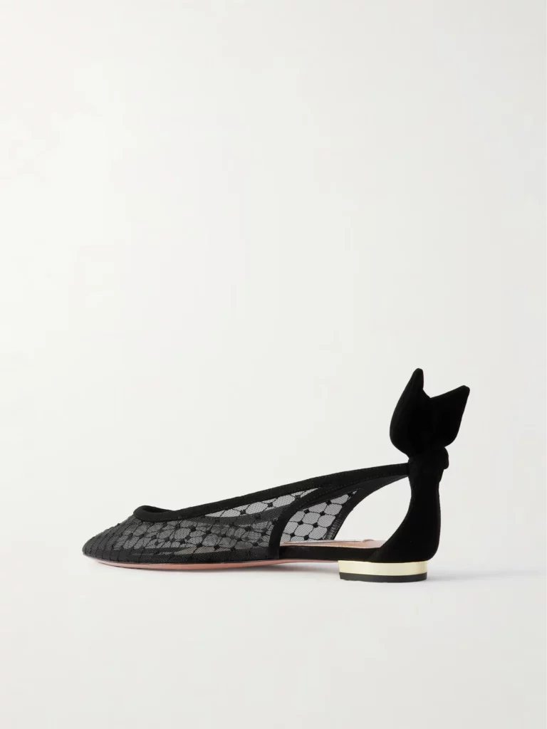 Bow Tie Suede-trimmed Fishnet Pointed-toe Ballet Flats Full Size Image 3