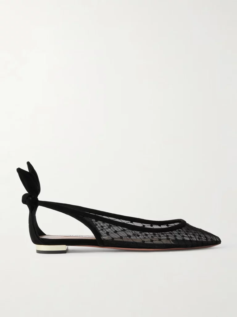 Bow Tie Suede-trimmed Fishnet Pointed-toe Ballet Flats Full Size Image 1